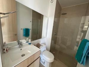 a bathroom with a toilet and a sink and a shower at Luxurious Apartment with Ocean View in Santa Marta +16 photos