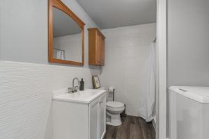 a bathroom with a sink and a toilet and a mirror at Cozy North Seattle Rambler with Spacious Yard in Seattle +14 photos