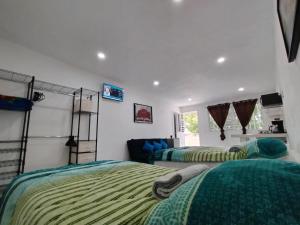 un dormitorio con dos camas y un sofá en Casa los Sauces, en Tepic