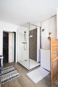Un baño con ducha con puerta de cristal. en Moulin de Schwabwiller, en Schwabwiller
