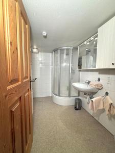 a bathroom with a sink and a shower at Ferienwohnung Poldi - Annehmlichkeiten von 4-Sterne Familien- und Wellnesshotel Viktoria können mitgenutzt werden in Oberstdorf