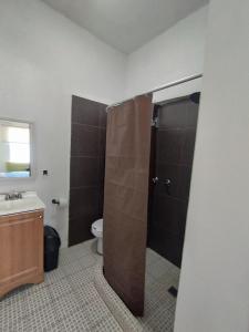 a bathroom with a shower and a toilet and a sink at DGM Lofts MTY MN 960 E centro cerca de todo in Monterrey +18 photos
