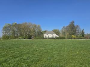 a large field with a white house in the background at Appartement Het Voorhuis in Horssen