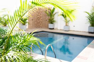 a swimming pool with plants in a building at Hotel Velero Guajira Real in Fonseca