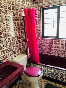 a pink bathroom with a toilet and a sink at Cabaña conecta in Coajomulco +16 photos