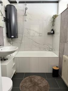a bathroom with a shower and a tub and a sink at 1-Zimmer-Apartment in der Nähe der Therme und Hängebrücke in Bad Wildbad