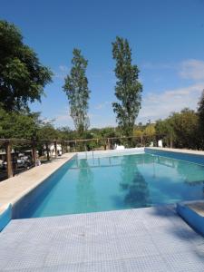 a swimming pool with blue water and trees in the background at Sampa Pacha - Cabaña 6 - Habitación privada in Bialet Massé
