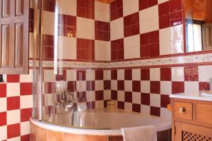 a bathroom with a tub with a checkered wall at Cabachuelas I casas rurales in San Miguel de Valero