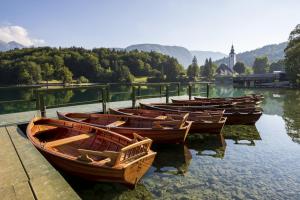 a group of boats are docked in the water at Apartments BB in Bohinj