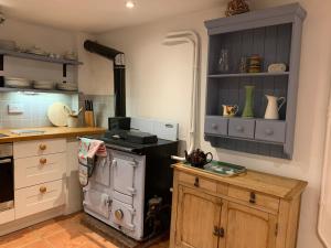 a kitchen with an old stove and a counter at Cute cob cottage in Winterborne Stickland