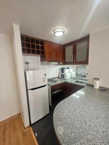 a kitchen with a white refrigerator and wooden cabinets at San Ignacio Suite Apoquindo MQ3 in Santiago