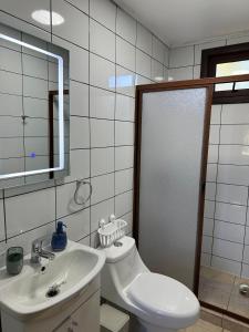a bathroom with a toilet and a sink and a shower at Cabañas Andes Curacautin in Curacautín +15 photos