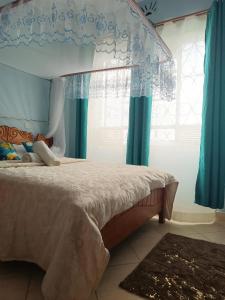 a bedroom with a bed with a canopy and blue curtains at The Bay House 1Br in Homa Bay