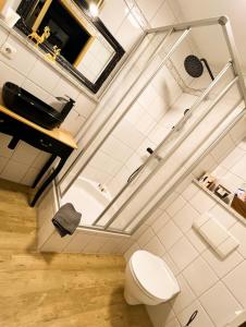 a bathroom with a white toilet and a staircase at Bavaria Mountain Lodge Chalet DESIGN Ferienwohnung SKI Arber Osser Terrasse Sauna in Villa bis 5 Pers in Hohenwarth