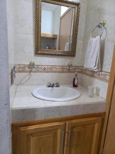 une salle de bain avec un lavabo blanc et un miroir dans l'établissement Apartamento Céntrico, à Cedro