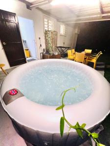 La Villa Des Lys avec jacuzzi في سان دوني: وجود جاكوزي في غرفة المعيشة مع طاولة