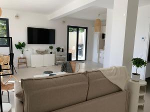 a living room with a couch and a tv at Superbe Villa - 3 appartements distinct - 20 couchages in Cagnes-sur-Mer