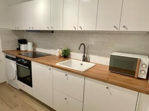 a kitchen with a sink and a microwave at Westflügel Apartment mit Parkplatz und zentraler Lage in Bad Rothenfelde