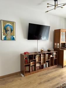 a living room with a flat screen tv on a wall at Clabucet View Apartment in Predeal