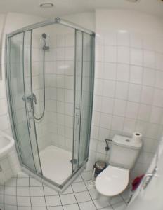a bathroom with a glass shower and a toilet at Hotel Astorka in Brno