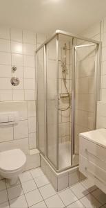 a white bathroom with a shower and a toilet at Appartements an der Kaiserpfalz - Königshof in Forchheim