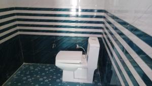 a bathroom with a toilet with blue and white stripes at New Yamunotri homestay by Preet rS in Barkot