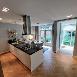 a kitchen with a stove and a counter top at 185m2 groot appartement met tuin in City Centre in Amsterdam