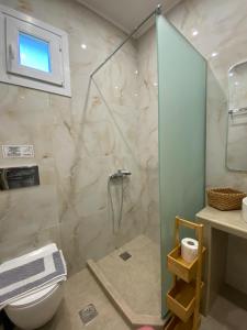 a bathroom with a shower and a toilet and a sink at Mamanis Studios in Loutra Edipsou +109 photos