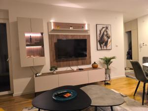 a living room with a flat screen tv on a wall at COMODO "Green Hill" in Soko Banja
