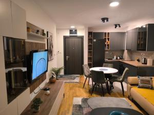 a living room with a couch and a table with a tv at COMODO "Green Hill" in Soko Banja