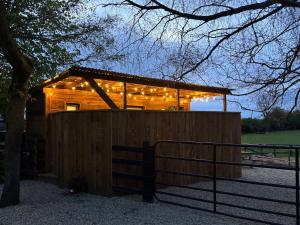una cabina in legno con luci e un albero di Rustic Charm Cabin a Naas