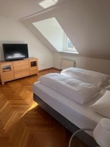 a bedroom with a large bed and a tv at "NEU" Apartments-Hotel Huberhof Allershausen in Allershausen +55 photos