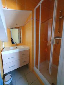 a bathroom with a sink and a shower at Manoir Le Castel & Villa Beaumaris in Saint Malo +69 photos