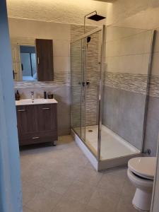 a bathroom with a shower and a toilet and a sink at Ghanastays 2 in Accra +10 photos