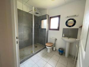a bathroom with a shower and a toilet and a sink at Lilas - Spacieuse maison 10 pers Jardin BBQ in Doumen