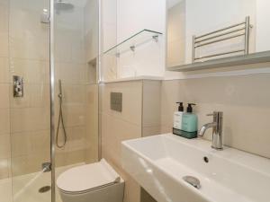 ein Badezimmer mit Toilette, Waschbecken und Dusche in der Unterkunft Boatman's Cottage in Salcombe + 15 Fotos