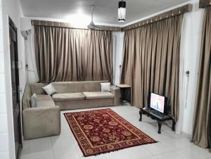 a living room with a couch and a television and a rug at Villa River Nile in Al Qurnah