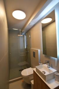 a bathroom with a shower and a toilet and a sink at Liora Retreat in Kavála