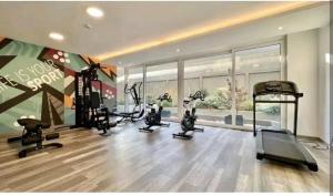 a gym with treadmills and exercise bikes in a room at Comodidad y tranquilidad en Ñuñoa in Santiago