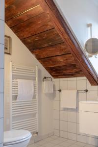 a bathroom with a white toilet and a wooden ceiling at Apartmenthaus Brunnenhof in Papstdorf