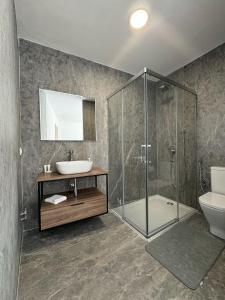 a bathroom with a shower and a sink and a toilet at Masia La Canyada in Villafranca del Cid