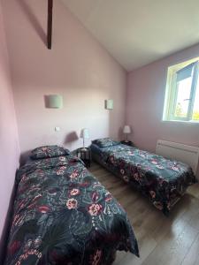 a bedroom with two beds and a window at appartement de madame de souter in Sequedin