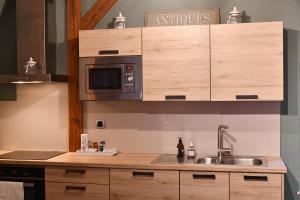 a kitchen with a sink and a microwave at Appartement Beraweka avec Climatisation et Salle de Sport in Colmar