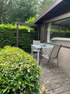 une table et une chaise assises sur une terrasse dans l'établissement Chalet op groen park, à Hoevelaken