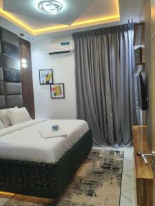 una habitación de hotel con una cama y un televisor en Grazioli 2Bedroom Apartment 'Florence', en Enugu Airport