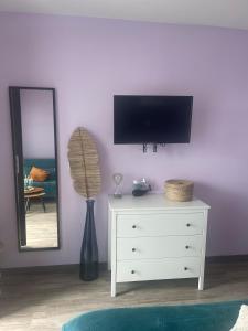 Μια τηλεόραση ή/και κέντρο ψυχαγωγίας στο Studio cosy, résidence de tourisme avec piscine