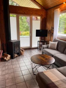 a living room with a couch and a stove at Ferienhaus Vita in Extertal