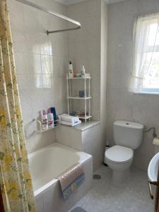 a white bathroom with a tub and a toilet at Piso acogedor con vistas in Val do Dubra