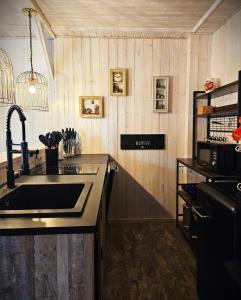 una cocina con fregadero y encimera en FeWo Alpenstube, en Neue Scheune