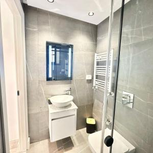 une salle de bain avec lavabo et douche dans l'établissement Jasmine Appartement, à La Marsa